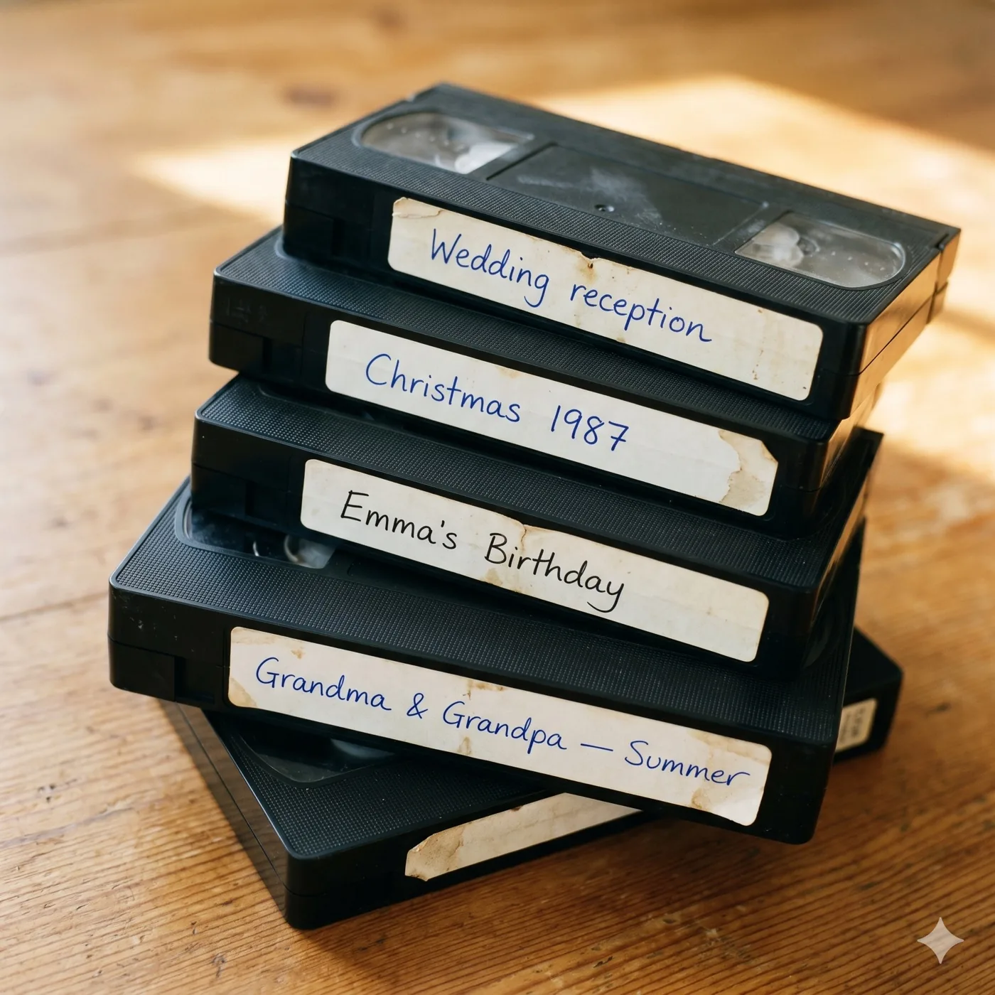 A stack of vintage VHS tapes